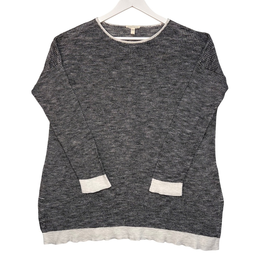 Eileen Fisher Boxy Sweater Womens M Black White Organic Linen Cotton Relaxed